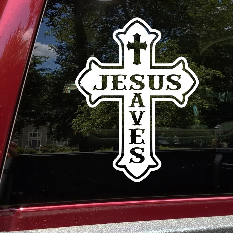 Jesus Saves Cross Vinyl Decal Sticker | Christian Faith Religious Car Wall Art