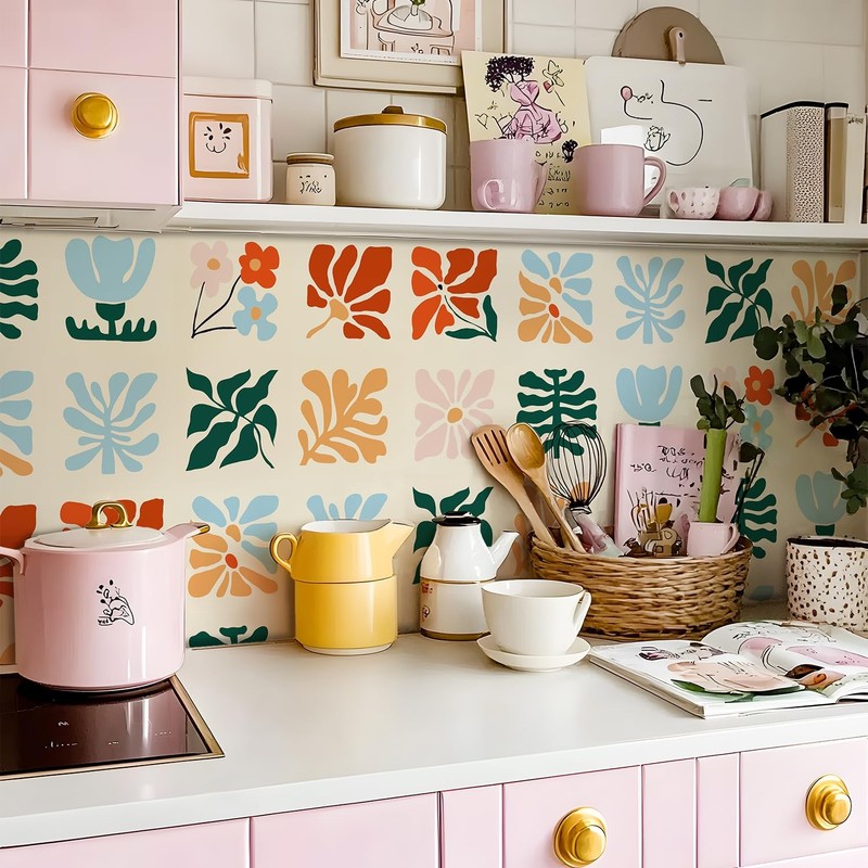 Matisse Inspired Tile Floor Vinyl Sticker Colorful Abstract Floral Ceramic De... gallery