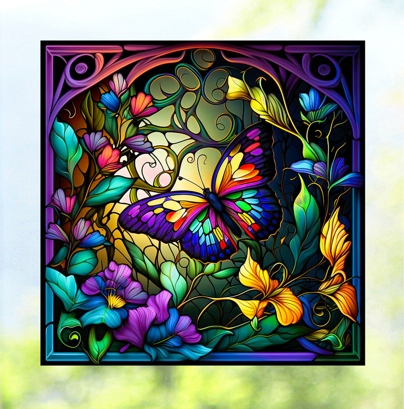 Butterfly Faux Stained-Glass WINDOW CLING Sun-catcher Size 8″ Vinyl