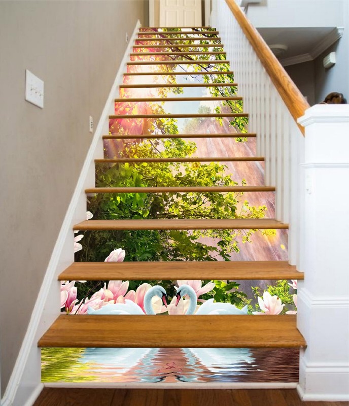3D Tree White Swan AZ993 Stair Risers Decoration Mural Vinyl Wallpaper Kay