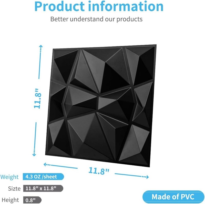 Decorative 3D Wall Panels in Diamond Design, 12"X12" Matt Black for Home and Off gallery