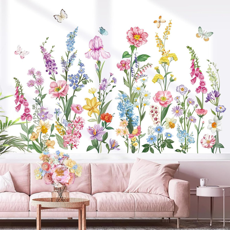 wondever Garden Flower Wall Stickers Wildflower Iris Daisy Floral Butterflies…