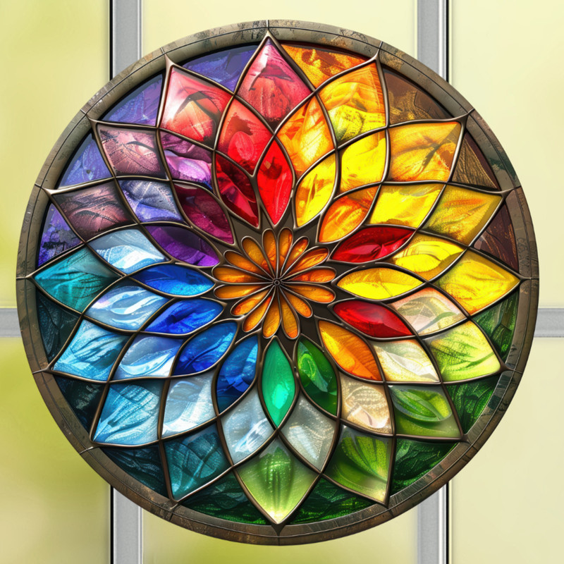 Rainbow Star Flower Faux Stained-Glass WINDOW CLING Size 8" Round Vinyl gallery