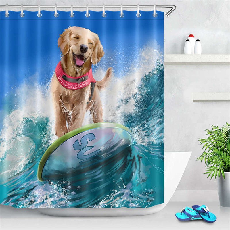 Dog Surfing Waterproof Bathroom Polyester Shower Curtain Liner Water Resistant gallery