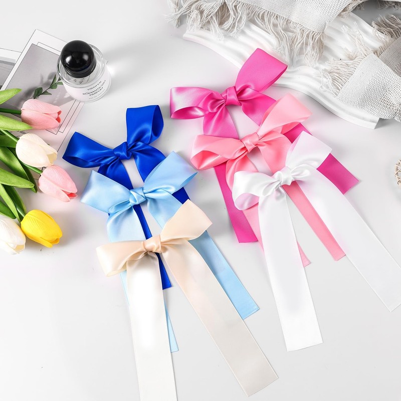 2-Pack Long Satin Ribbon Hair Bows for Girls – Elegant Silk Hair Clips for gallery