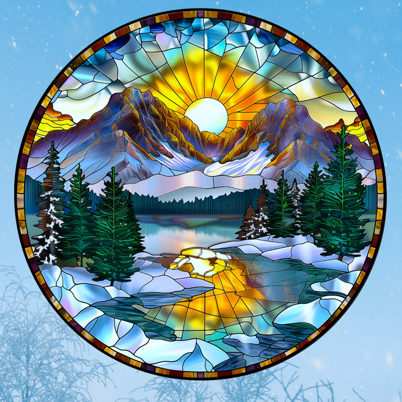 Winter Mountains Faux Stained-Glass WINDOW CLING Sun-catcher Size 8″ Vinyl