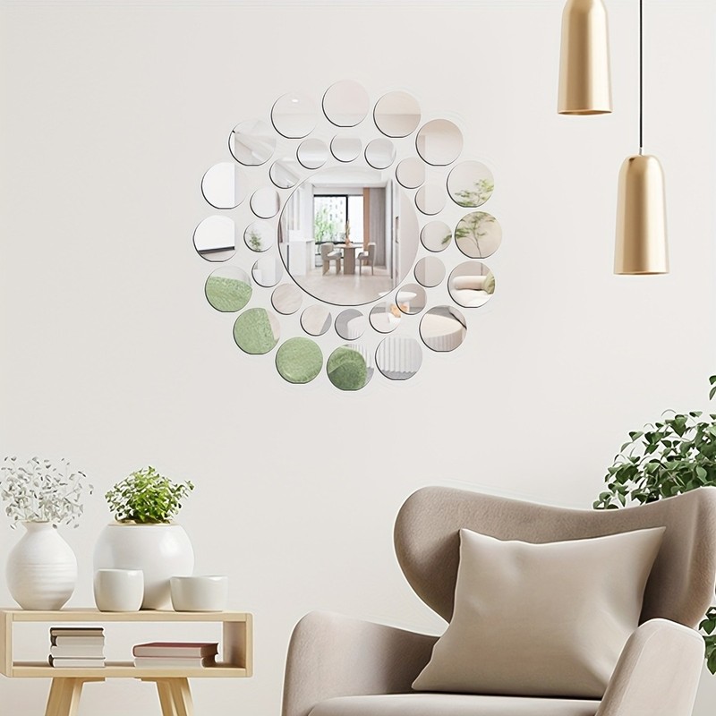 33Pcs/set Round Mirror Wall Stickers Silver Gold Living Room Background Wall gallery