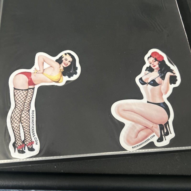 2 Classic Retro Sexy Pinup Brunette Girl Bikini Fishnets Sticker Rockinstickers