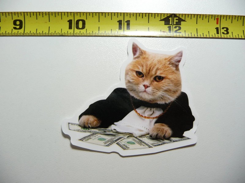 RICH FAT MONEY CAT SMALL STICKER DECAL FELINE PET HOUSE KITTEN FUNNY