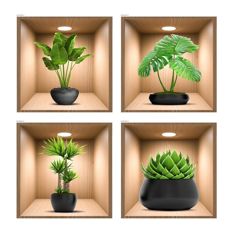 4 Pack 3D Green Plants Wall Decals, 3D Green Pot Plant Succulent Wall Sticker…