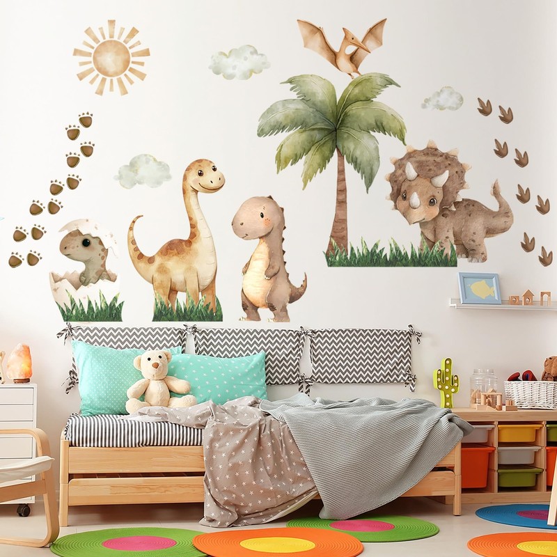 Extra Large Dinosaur Wall Decal,Boho Dino Palm Tree Dino Footprints Room Deco…