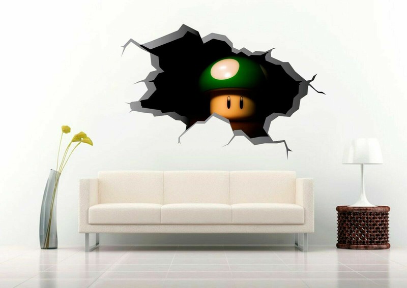 Mario Mushroom 3D Crack Hole Wall Decal Removable Vinyl Sticker Mural Art Decor