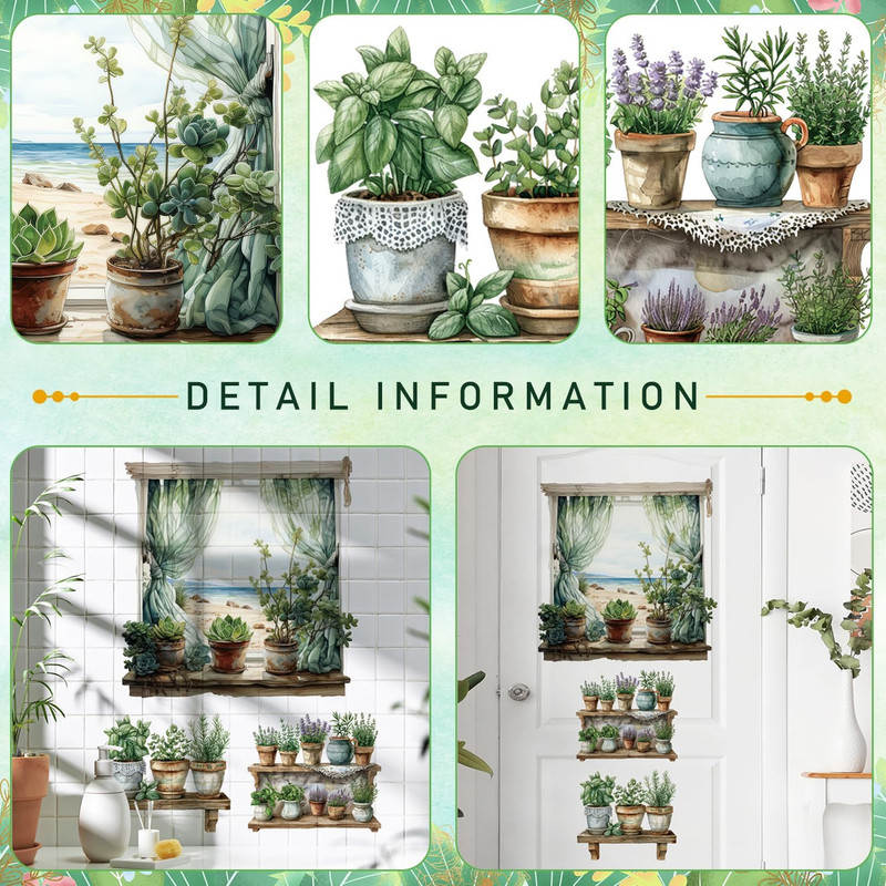 3D Potted Plant Fake Windows Wall Decals Green Plants Succulent Wall Stickers gallery