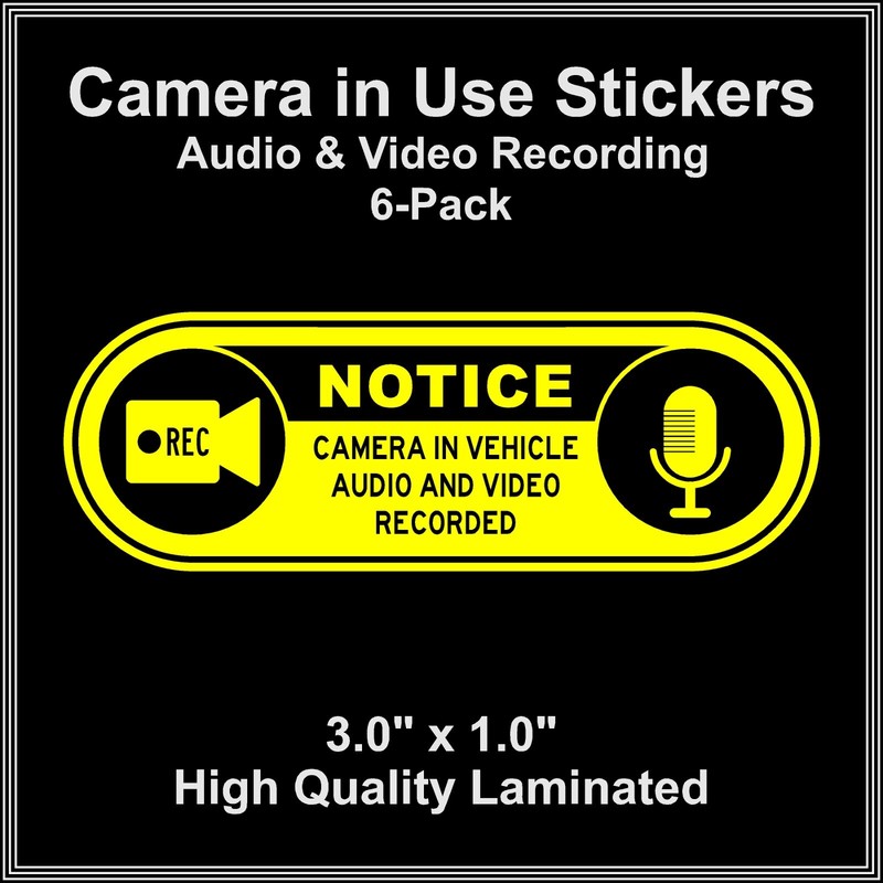 Camera in Car Recording Video 6-Pack Decals Yellow & Black 3.0″ x 1.0″ for Uber