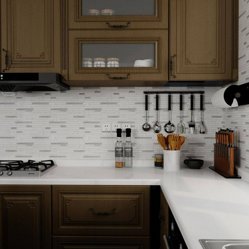 Jeedeson Peel Stick Wall Tile 12in Marble White Silver Kitchen Backsplash 10pack gallery