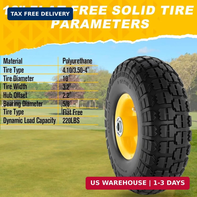 2 Pcs 4.10/3.50-4" 10 Inch Flat Free Solid Rubber Tire and Wheel with 5/8" Axle gallery