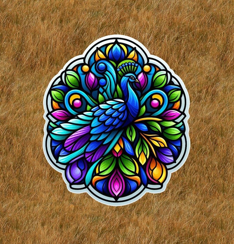 Beautiful peacock in a stained glass design vinyl sticker decal – many sizes