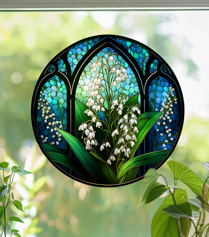 Lily of the Valley Faux Stained-Glass WINDOW CLING Sun-catcher Size 8" Round gallery