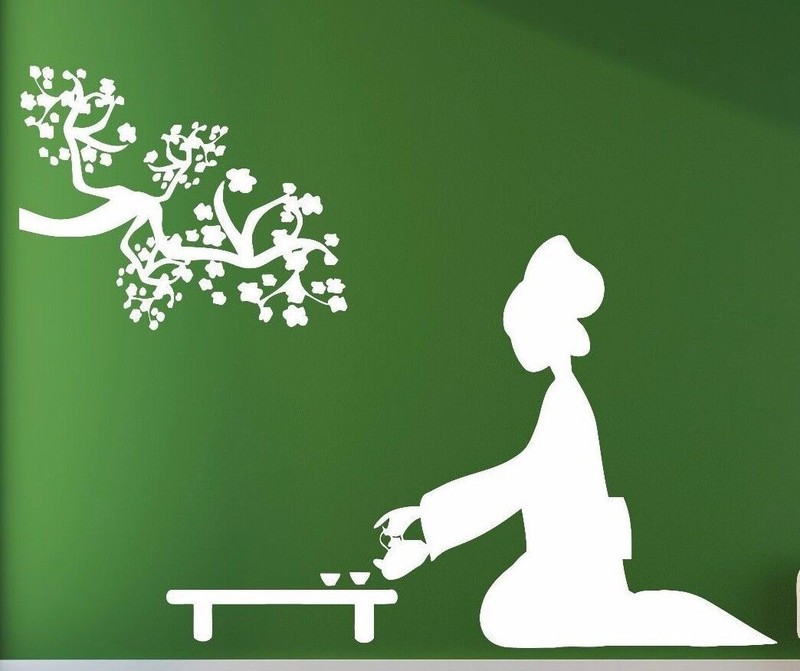 Vinyl Decal Wall Sticker Japanese Geisha Holding a Tea Ceremony Sakura (n169)