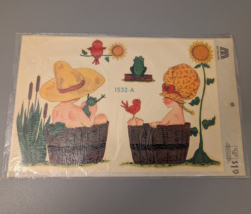 Vtg 70s Meyercord Decal – Country Kids – 1970s Craft Decor Barrel Bath Frog Bird