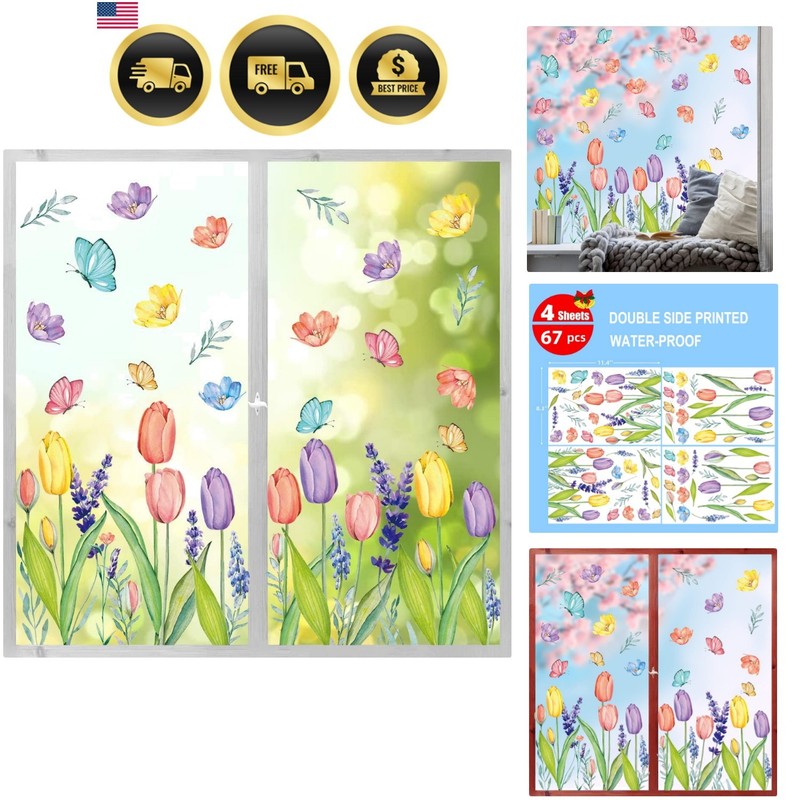 67 PCS Spring Summer Window Cling Sticker, Tulip Butterfly Flower Decal for H...