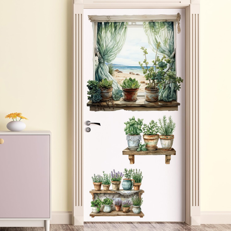 3D Potted Plant Fake Windows Wall Decals Green Plants Succulent Wall Stickers gallery