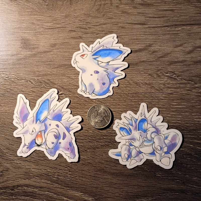 Nidoran, Nidorino, Nidoking Sticker – Vinyl Waterproof Die-cut – Red & Blue Art