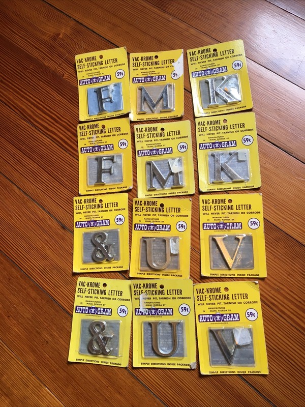 12 NOS VINTAGE VAC-KROME SLEF STICKING LETTERS/& AUTO-GRAM M, F, &, U, K, V (B1)