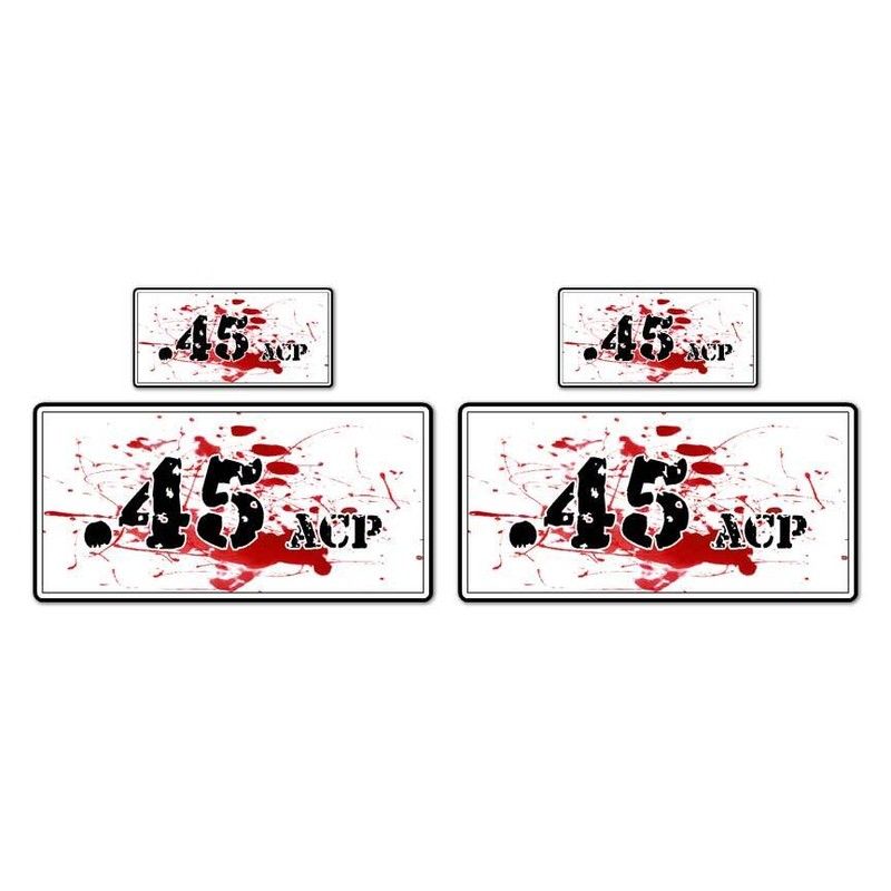 .45 ACP Bloody Ammo Box Set, Vinyl Decal Sticker, 2@ 1″x2″ & 2@ 2″x4″, #8469
