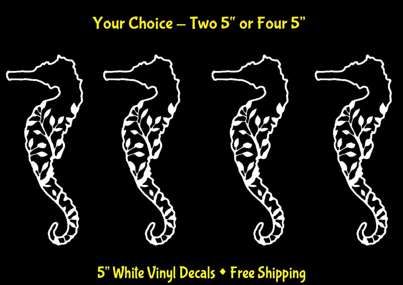 Seahorse Floral Design White Decals Car Windows Laptop Tumbler Tablet Mugs