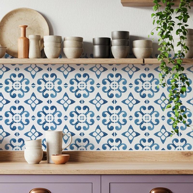 30 Pack, 4x4 Inch Modern Mediterranean Peel and Stick Backsplash, Blue and Wh...