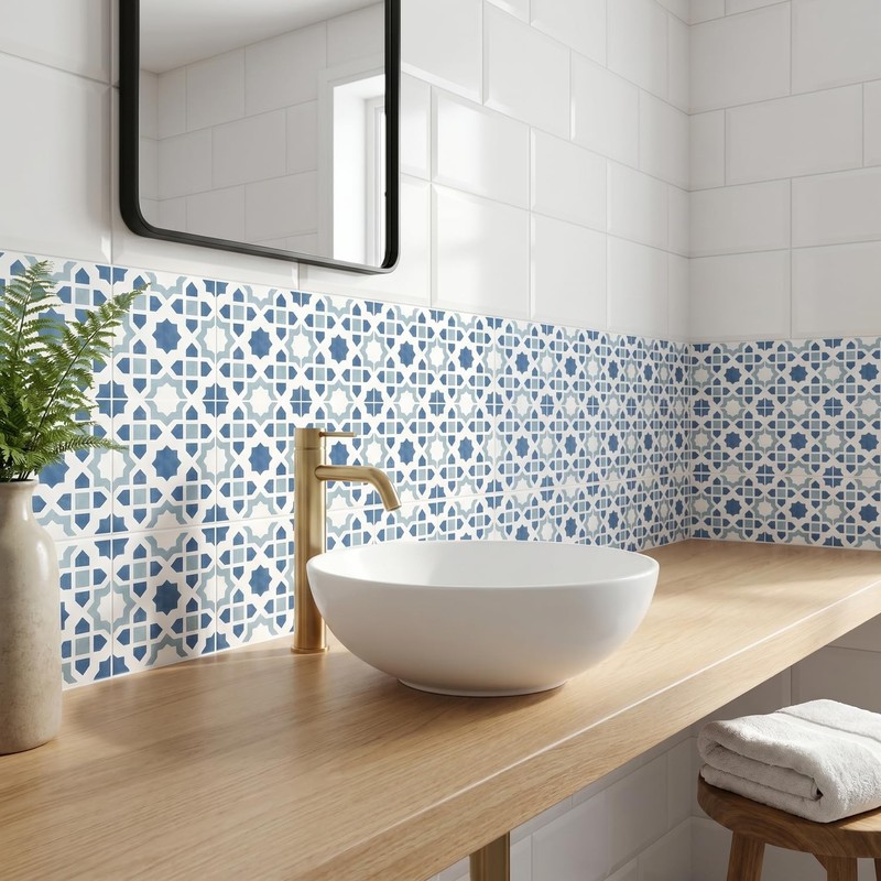 16 Pack, 5.9 Inch Modern Moroccan Tile Decals, Dusty Blue Geometric Peel and ...