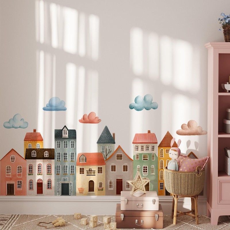 Colorful Town Wall Decal,Cute House Art Decor,Peel and Stick Town White Cloud…