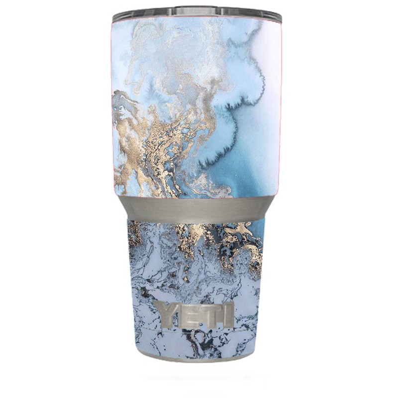 Skin Decal for Yeti 30 oz Rambler Tumbler / Blue Gold Grey Marble Pattern Clouds