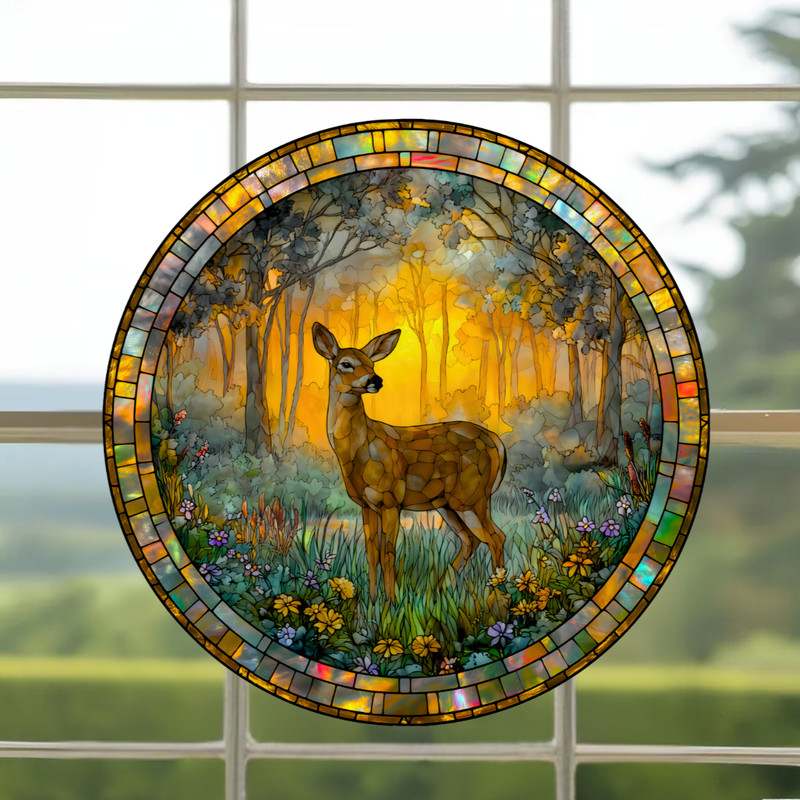 Deer Faux Stained-Glass WINDOW CLING Size 8" Round, Repositionable Vinyl gallery