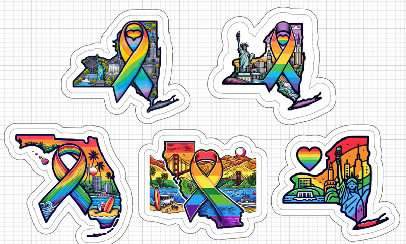 Multi State Rainbow Awareness Ribbon Stickers Glossy LGBTQ Gay NY CA FL Kamala