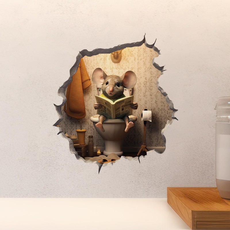 Mouse Hole Decal Sticker, Humorous Toilet Scene, 3D Effect, Multicolor gallery