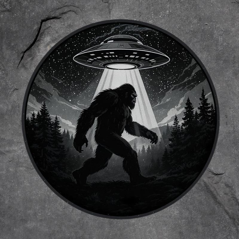 Bigfoot UFO sticker vinyl decal alien abduction cryptid night forest conspiracy