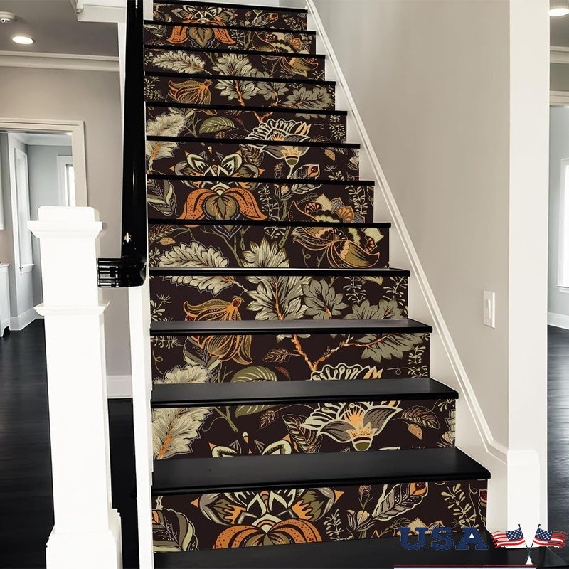 Peel & Stick Vintage Floral Stair Riser Decals 14 Pcs Water Resistant Decor New