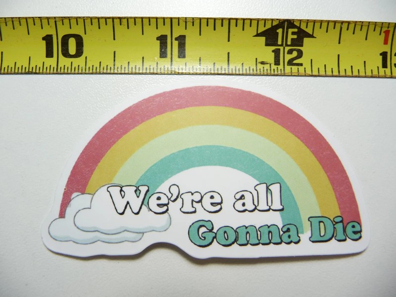 WE’RE ALL GONNA DIE CLOUDS RAINBOW SMALL STICKER DECAL SARCASM SAYING FUNNY