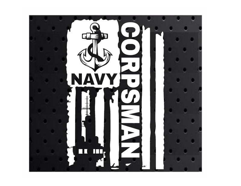 DISTRESSED UNITED STATES NAVY FLAG CORPSMAN VINYL DECAL STICKER 5.0″ x 7.7″