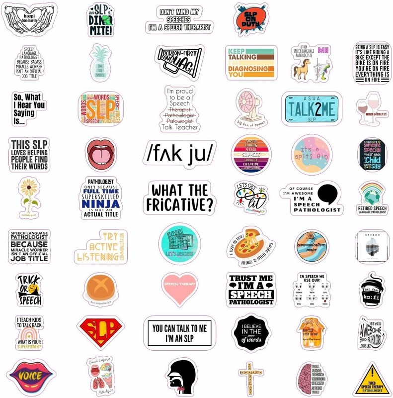 100 Fun SLP Stickers - Waterproof Vinyl - Perfect for Speech Therapy Gifts gallery