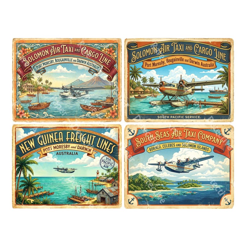 Retro South Pacific Airline Luggage Label Stickers, 4 Labels 1 Cut & Peel Sheet