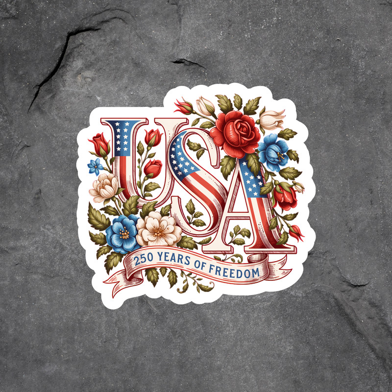 USA Sticker Vinyl Decal Patriotic Floral America 250 Years Freedom
