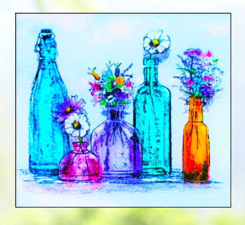 Wildflowers in Colorful Glass Bottles WINDOW CLING Size 9″ Repositionable Vinyl