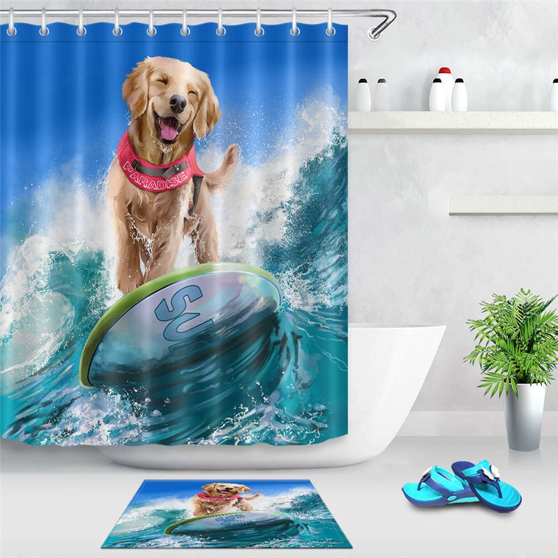 Dog Surfing Waterproof Bathroom Polyester Shower Curtain Liner Water Resistant gallery