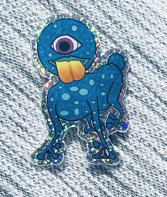 Original Vinyl Glitter Sticker Blue Mutant Space Alien Dog Creature 3” X 2” gallery