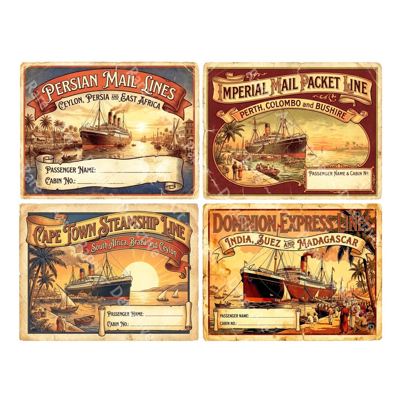 Retro Steamship Luggage Label Stickers, 4 Labels on 1 Cut & Peel Sheet, 1472