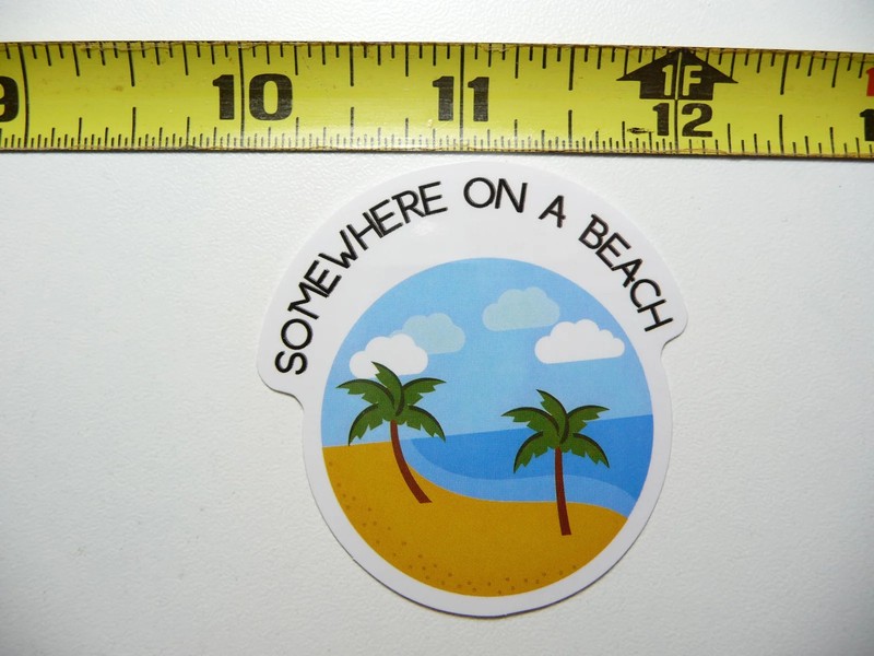 SOMEWHERE ON A BEACH PALM OCEAN SMALL STICKER DECAL TROPIC SCENE VACATION TRIP
