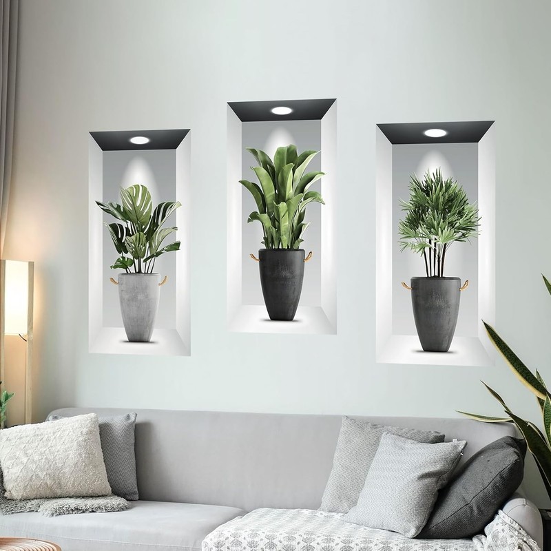 Tanlaby 3 Pack Green Plants Wall Stickers 3D Realistic Potted Plant gallery